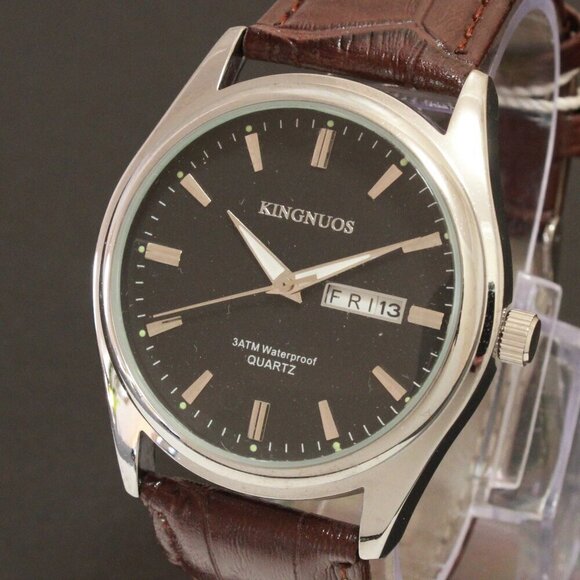 Men's Contemporary Dress Watch Silver Case Brown Leather Watch Strap 40mm - Picture 10 of 12